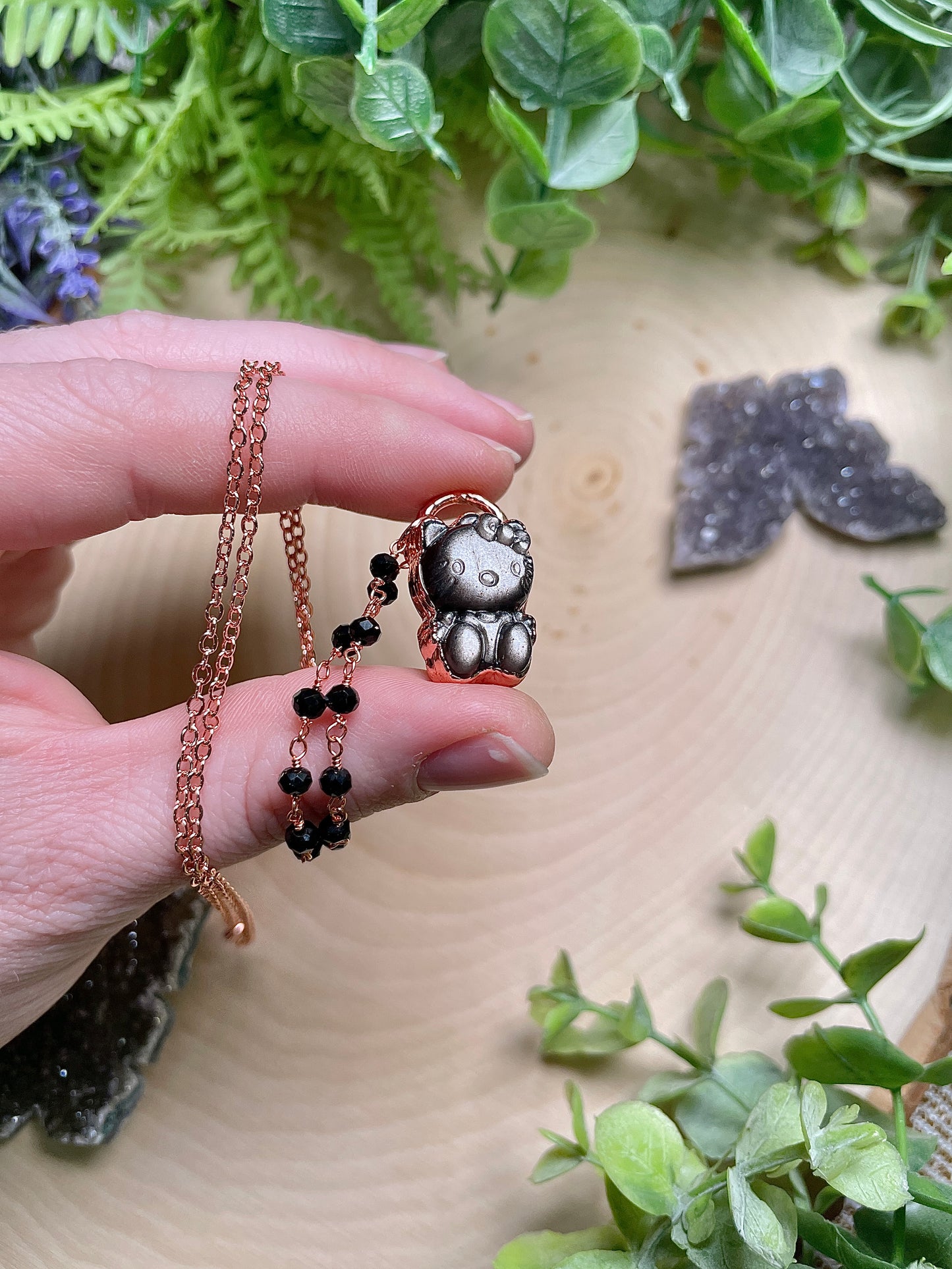 Hello Kitty- Silver Sheen Obsidian Necklace