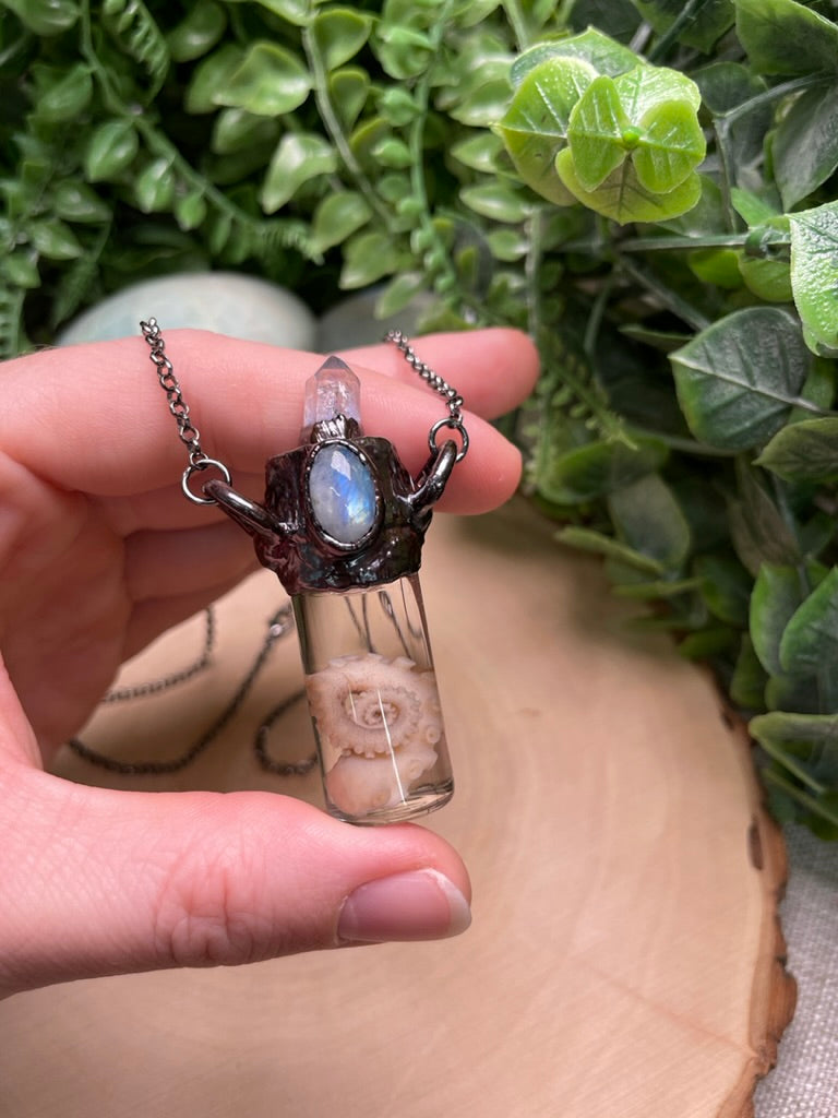 Moonstone, Blue Quartz, and Wet Specimen Octopus Leg in a Glass Vial Necklace