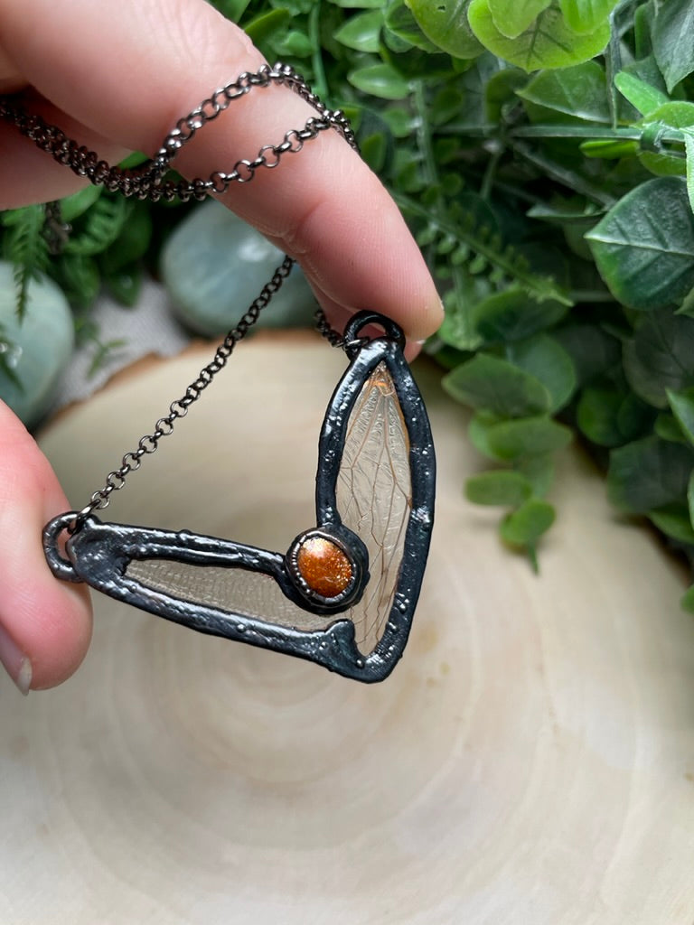 Cicada Wing, Dragonfly Wing, and Sunstone Necklace