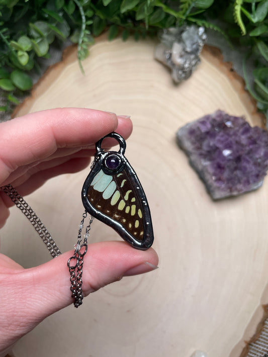 Amethyst, Fluorite, and Butterfly Wing Necklace