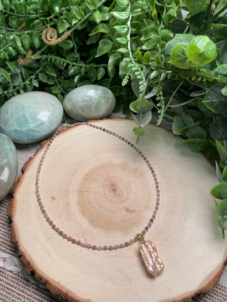 Watermelon Tourmaline and Freshwater Pearl Choker Necklace