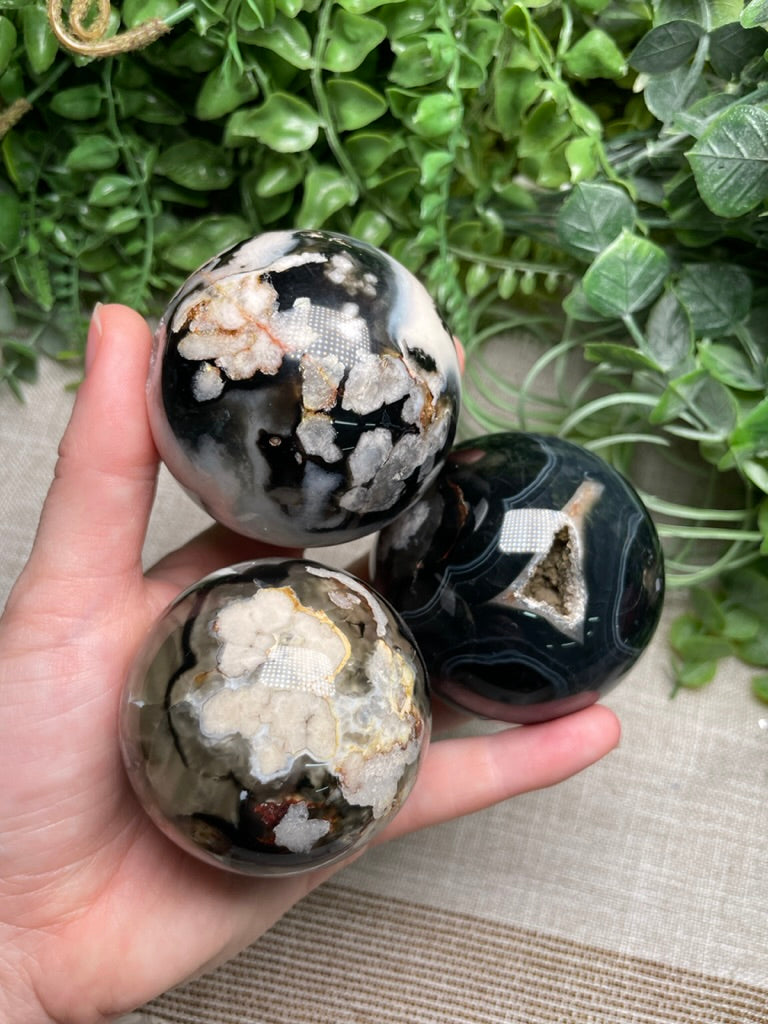 Black Flower Agate Sphere