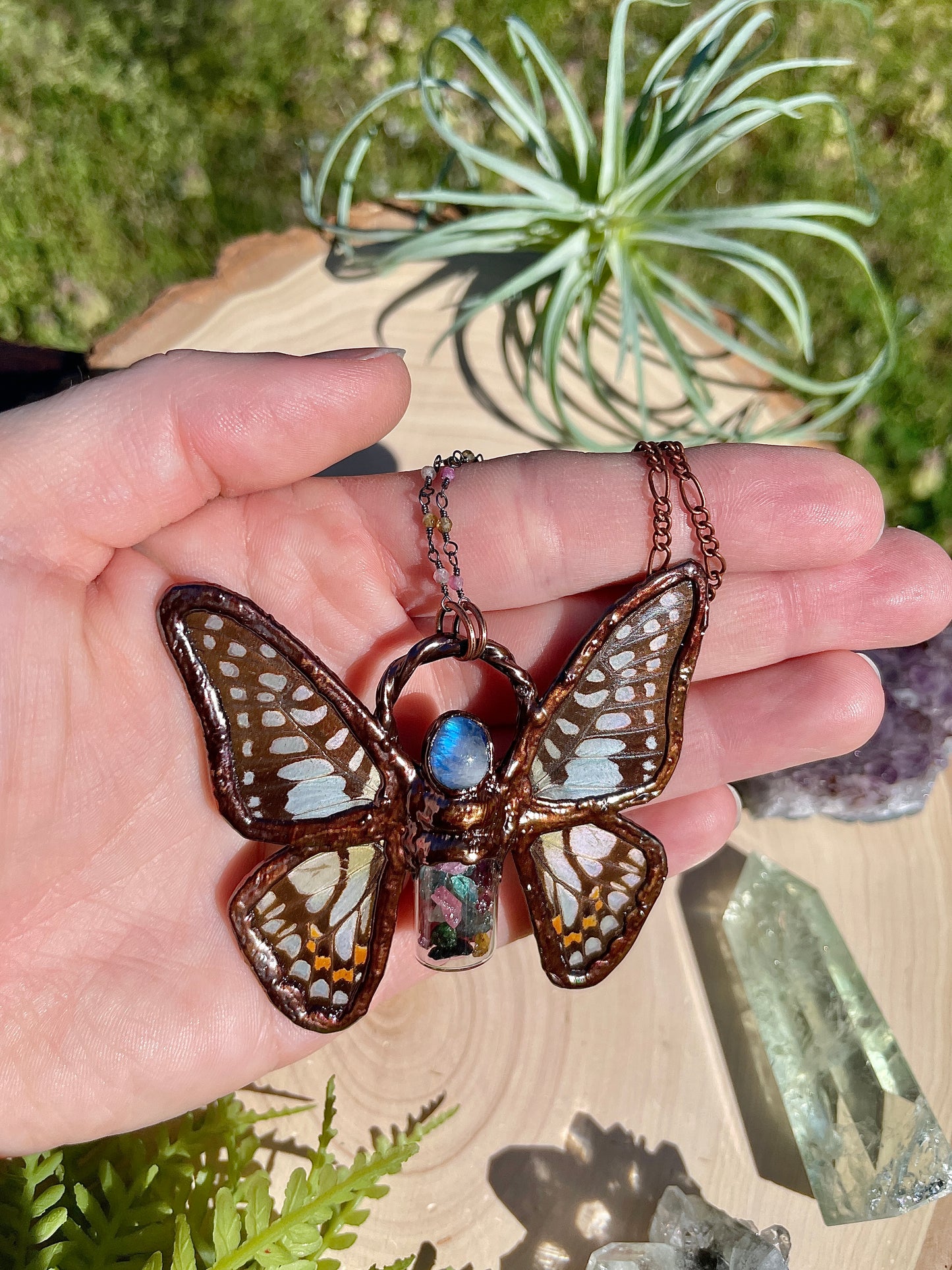 Aura- Moonstone, Watermelon Tourmaline, and Real Ethically Sourced Butterfly Wings Necklace