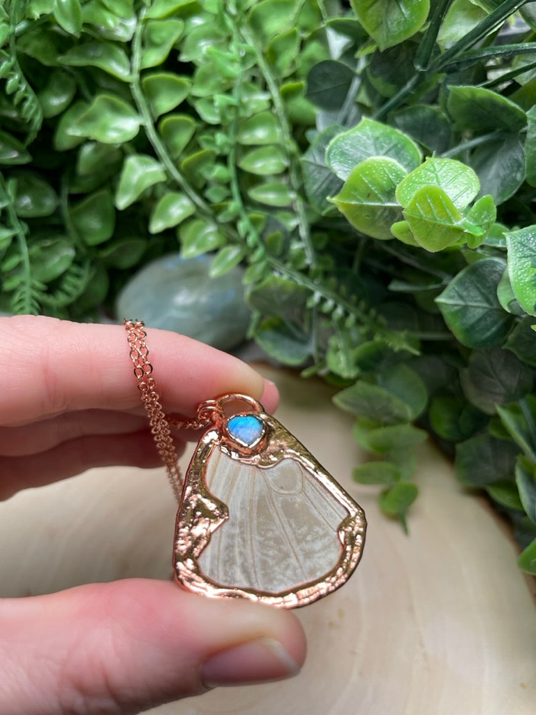 Luna Moth Wing and Moonstone Heart Necklace