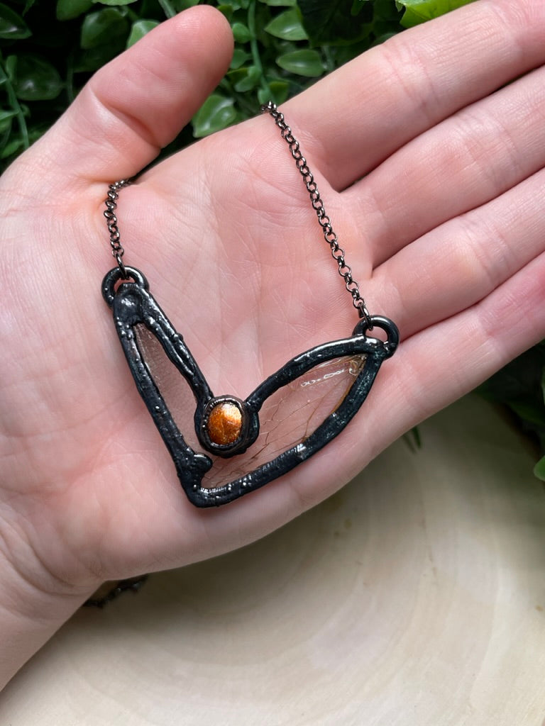 Cicada Wing, Dragonfly Wing, and Sunstone Necklace