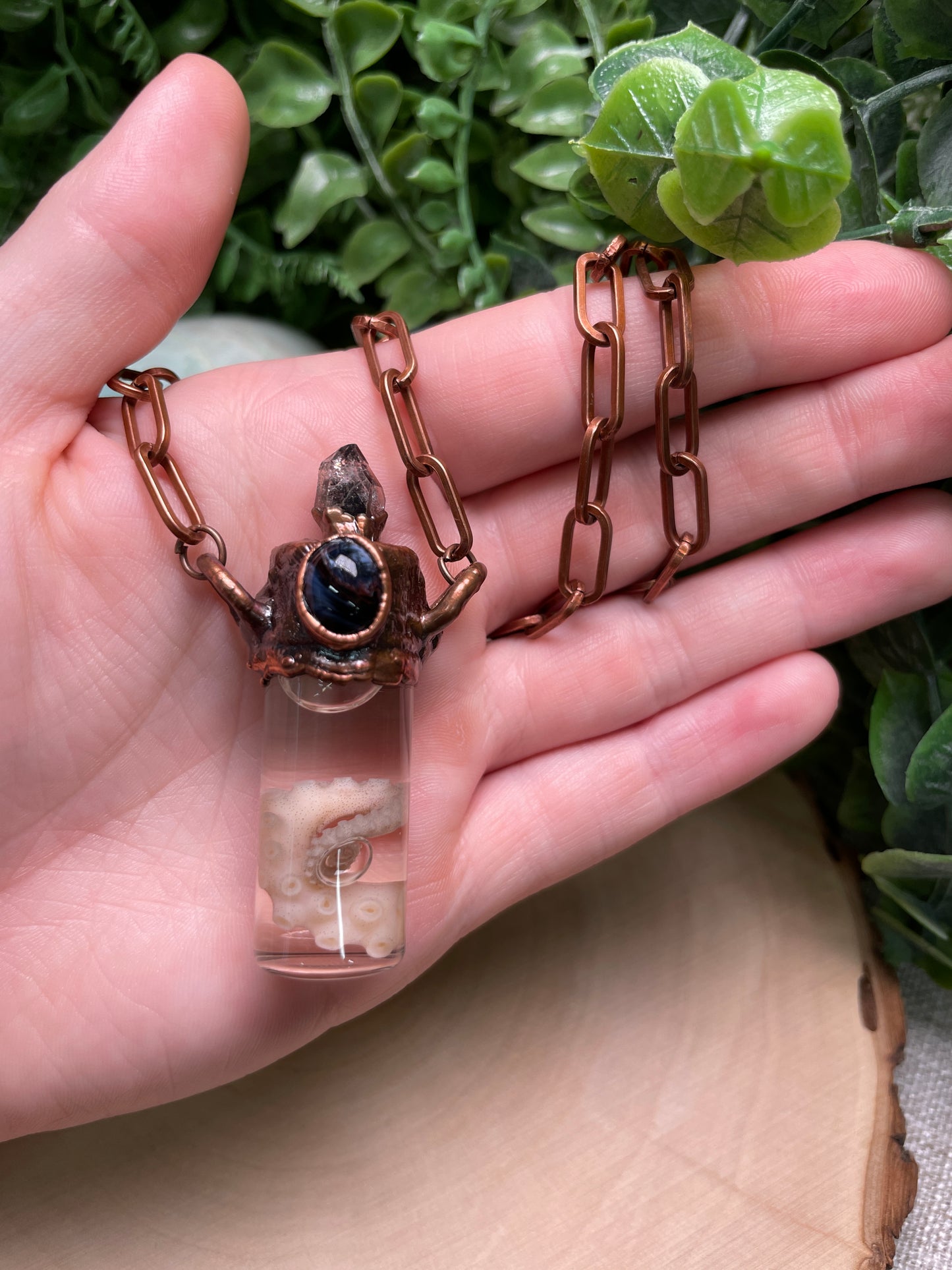 Peterisite, Herkimer Diamond, and Wet Specimen Octopus Leg in a Glass Vial Necklace