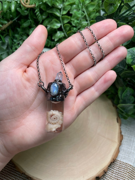 Moonstone, Blue Quartz, and Wet Specimen Octopus Leg in a Glass Vial Necklace