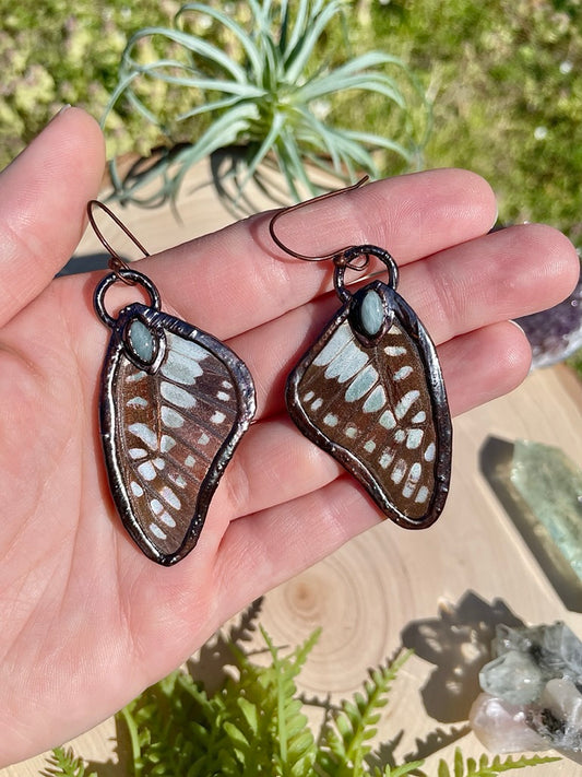 Sky- Aquamarine and Real Ethically Sourced Butterfly Wing Earrings