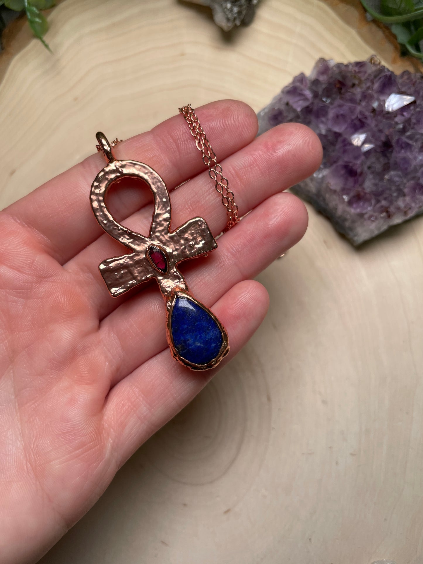 Lapis and Garnet Ankh Necklace