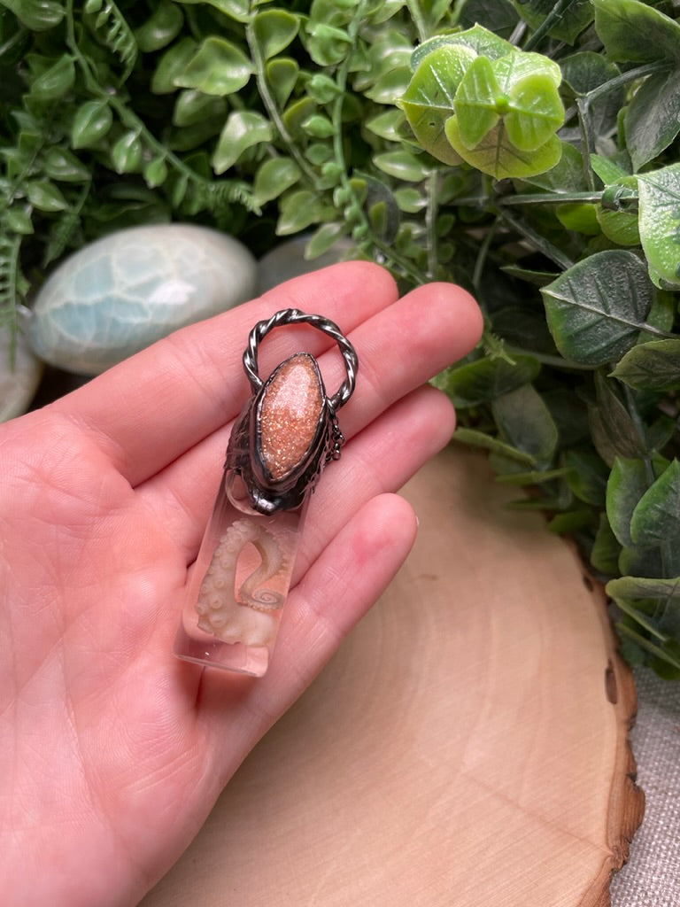 Sunstone and Wet Specimen Octopus Leg in a Glass Vial Necklace