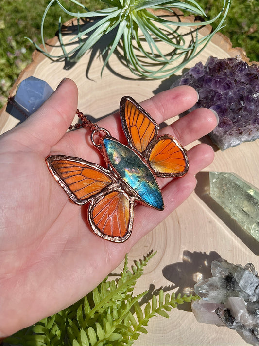 Icarus- Labradorite, Sunstone, and Real Ethically Sourced Butterfly Wings Necklace