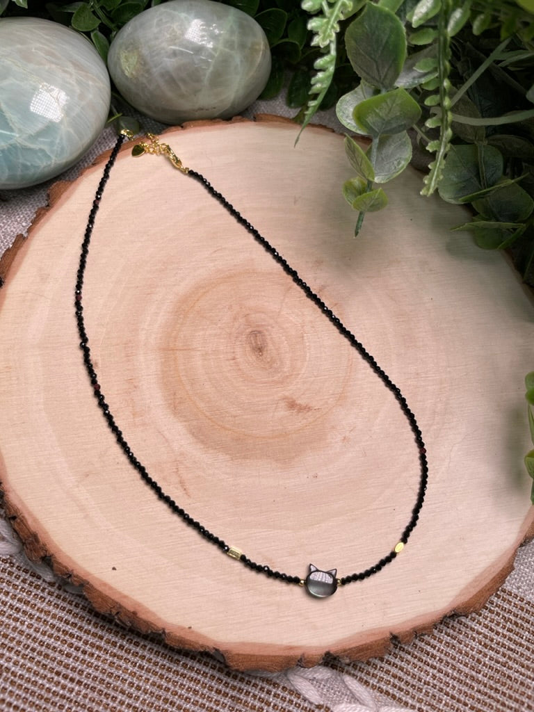 Obsidian and Mother of Pearl Shell Cat Choker Necklace