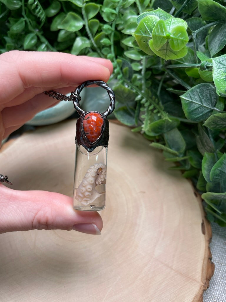 Ocean Jasper and Wet Specimen Octopus Leg in a Glass Vial Necklace