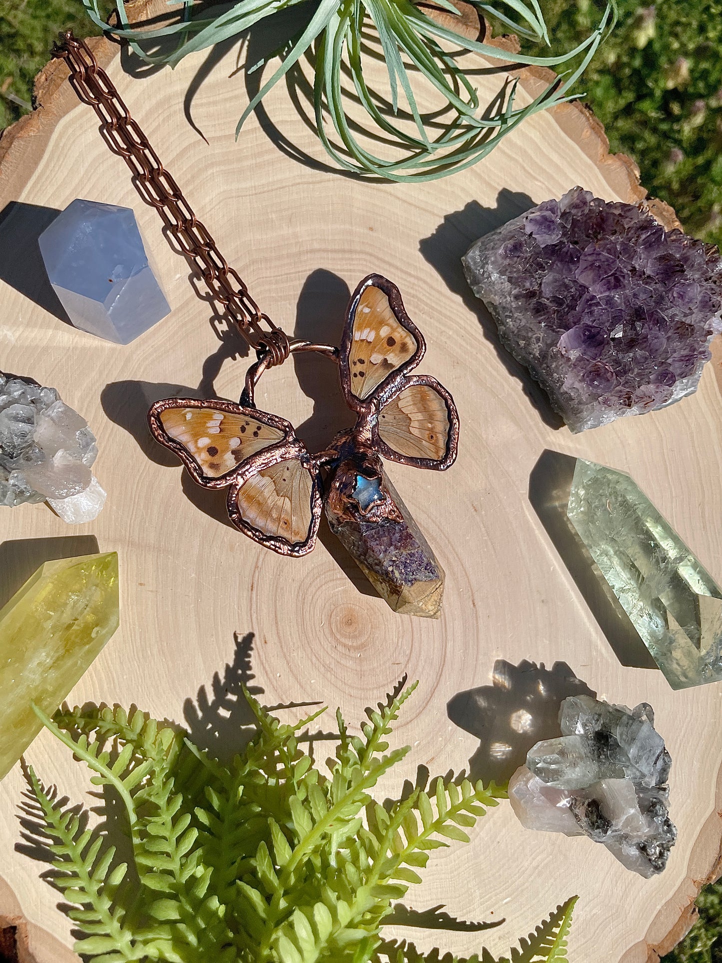 Summer- Tiffany Stone, Moonstone, and Real Ethically Sourced Butterfly Wings Necklace