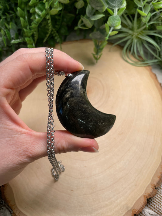 Gold Sheen Obsidian Chunky Moon Necklace