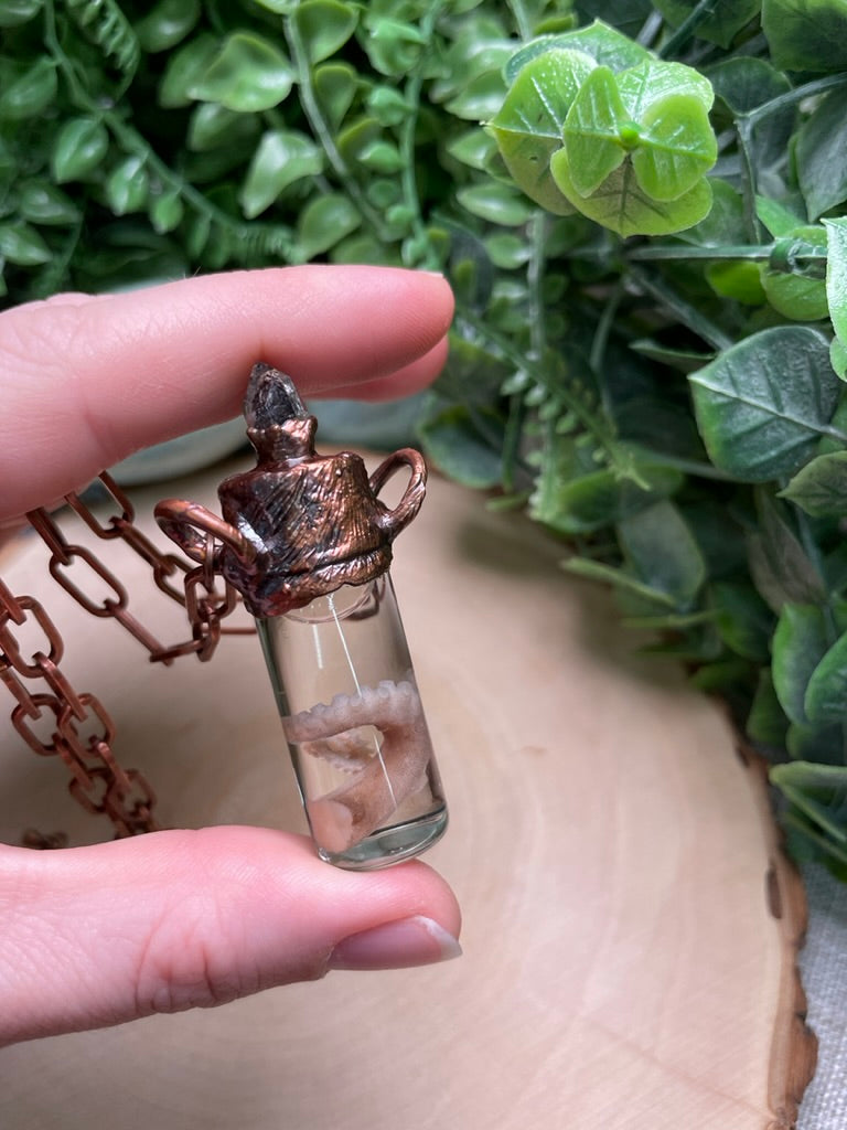 Peterisite, Herkimer Diamond, and Wet Specimen Octopus Leg in a Glass Vial Necklace