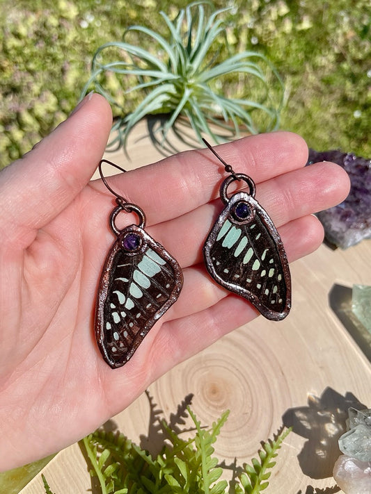 Lucille- Amethyst and Real Ethically Sourced Butterfly Wing Earrings
