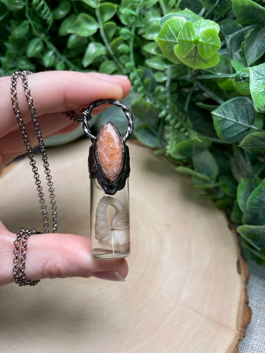 Sunstone and Wet Specimen Octopus Leg in a Glass Vial Necklace