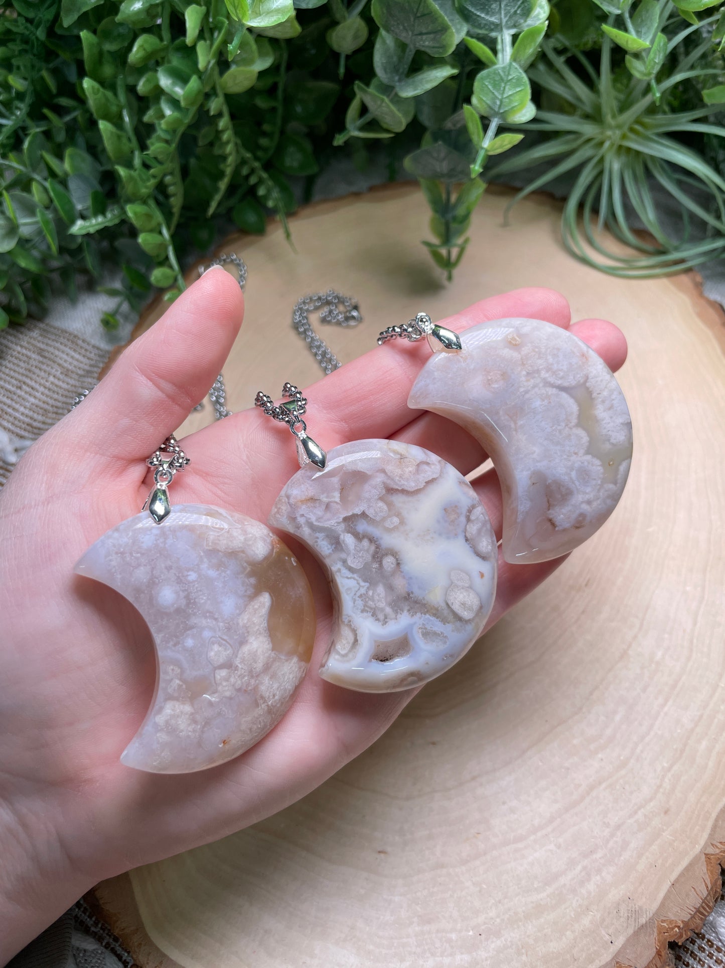Flower Agate Chunky Moon Necklace