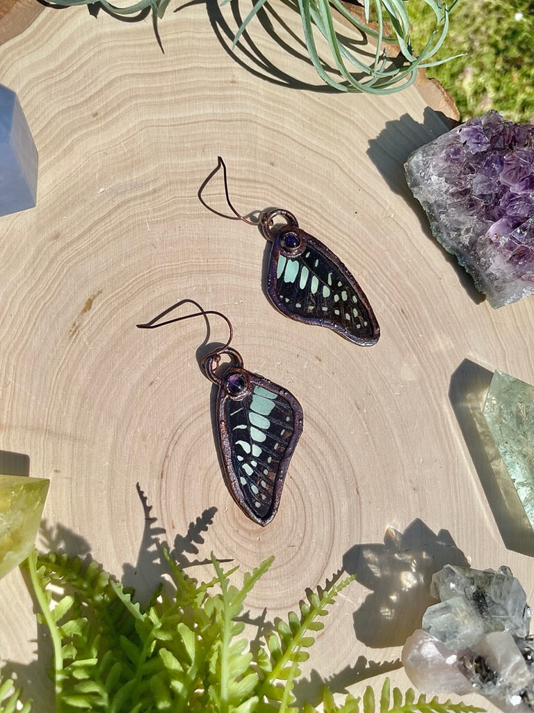 Lucille- Amethyst and Real Ethically Sourced Butterfly Wing Earrings