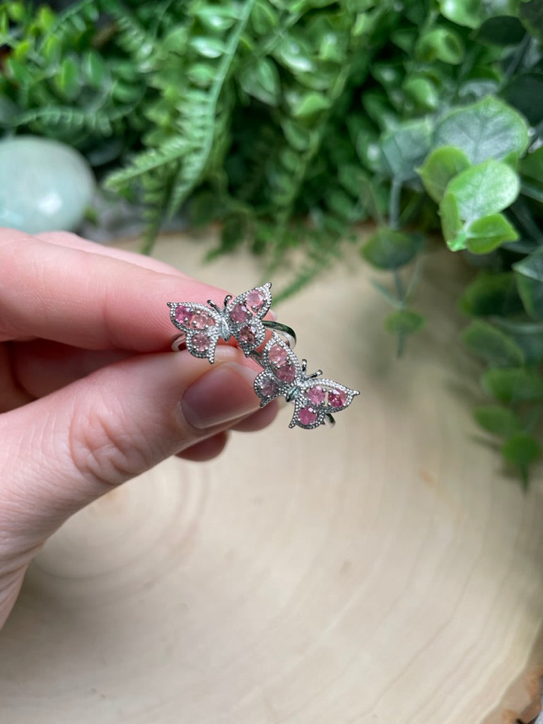 Pink Tourmaline Butterfly Adjustable Ring