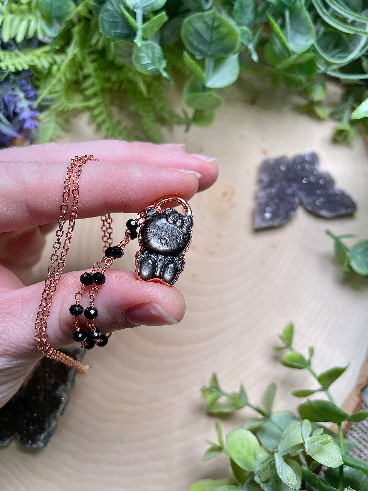 Hello Kitty- Silver Sheen Obsidian Necklace