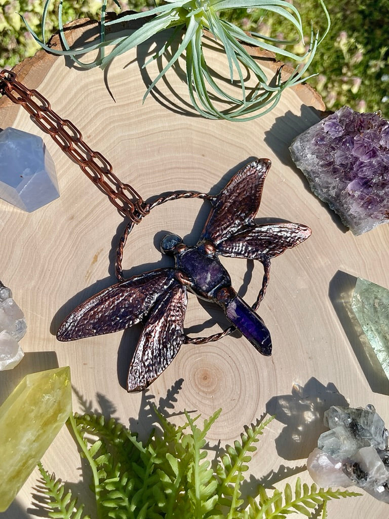 Justina- Labradorite, Lepidolite, Aura Quartz, and Real Ethically Sourced Cicada Wings Necklace