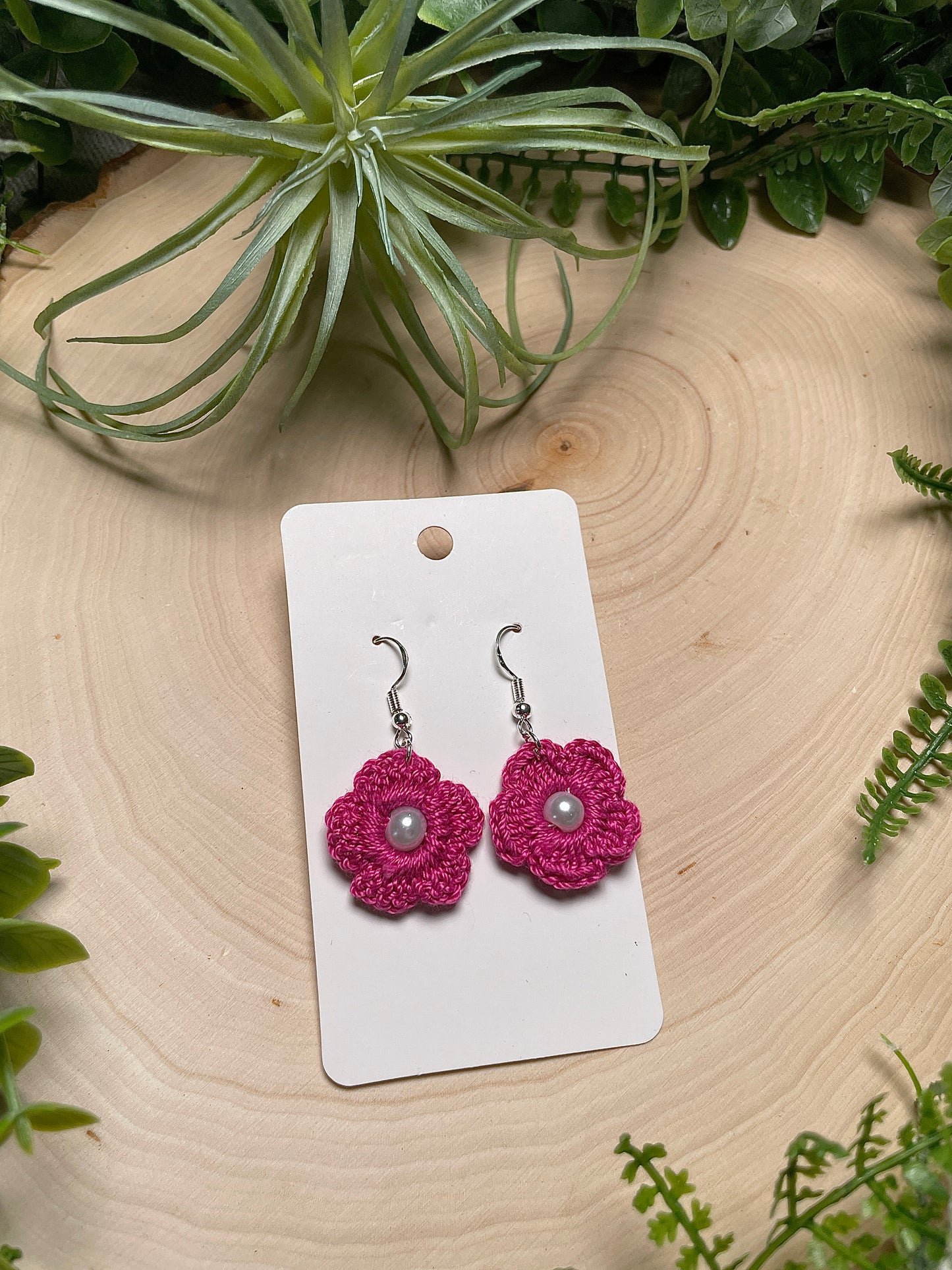 Hand Crocheted Pink Flower Earrings