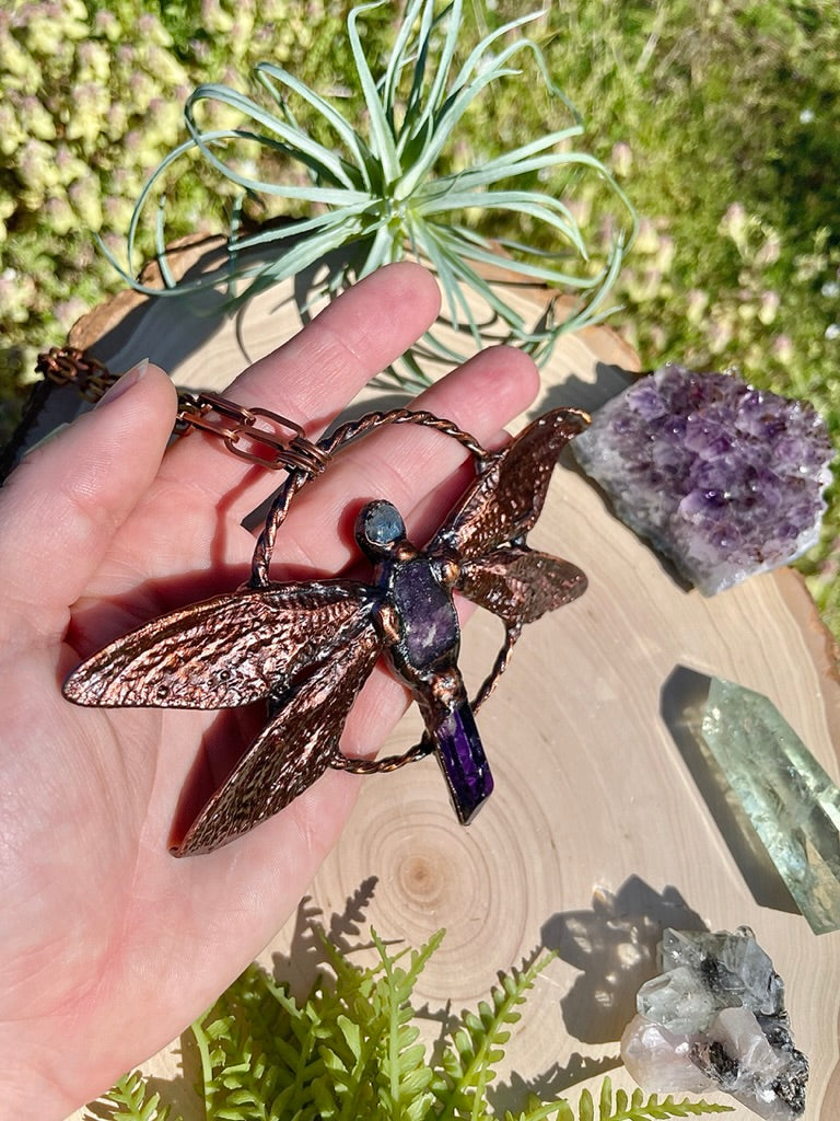 Justina- Labradorite, Lepidolite, Aura Quartz, and Real Ethically Sourced Cicada Wings Necklace