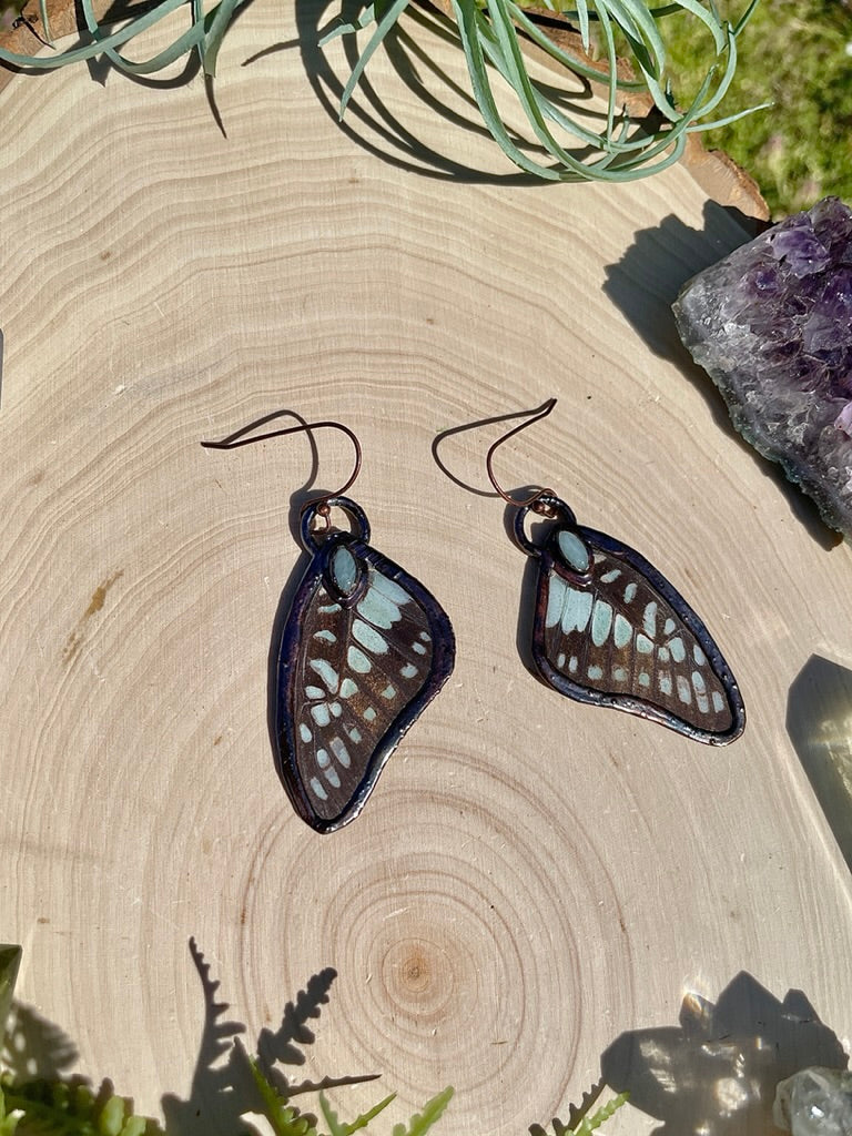 Sky- Aquamarine and Real Ethically Sourced Butterfly Wing Earrings