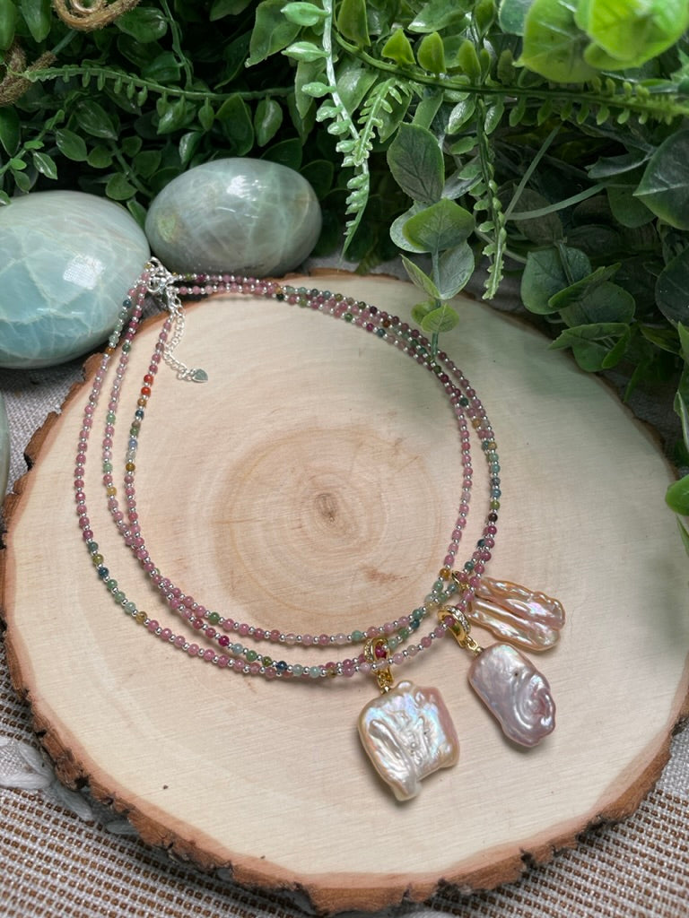 Watermelon Tourmaline and Freshwater Pearl Choker Necklace