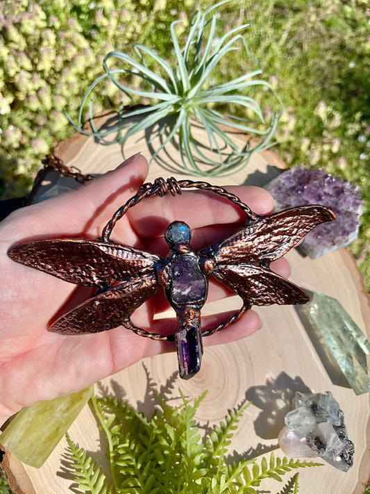 Justina- Labradorite, Lepidolite, Aura Quartz, and Real Ethically Sourced Cicada Wings Necklace
