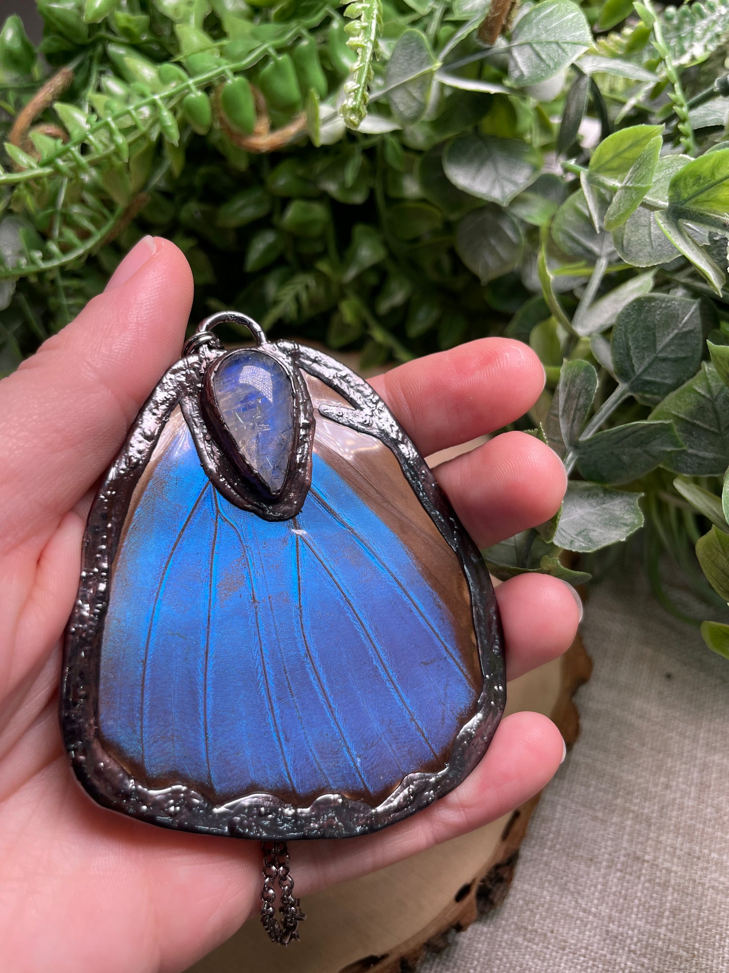 Moonstone Blue Morpho Moth Wing Necklace