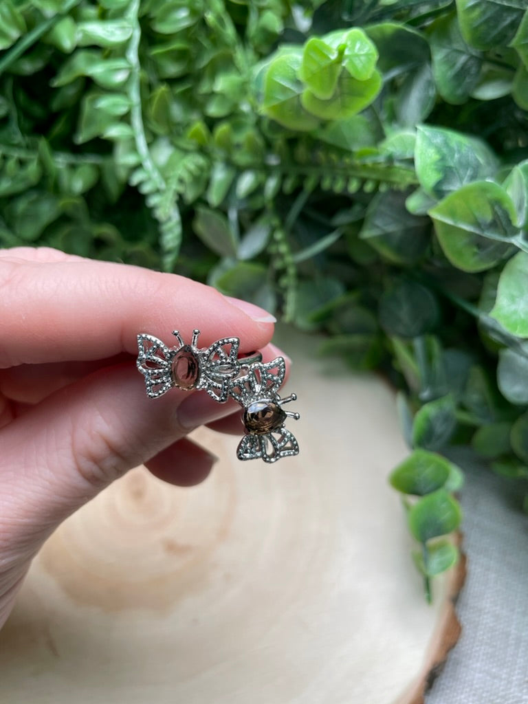 Smoky Quartz Butterfly Adjustable Ring