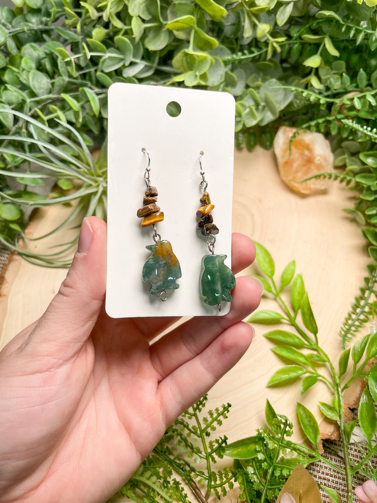 Moss Agate and Tigers Eye Penguin Earrings