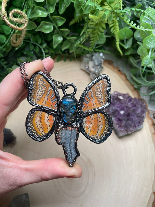 Reaper- Labradorite, Chalcedony, and Butterfly Wing Necklace
