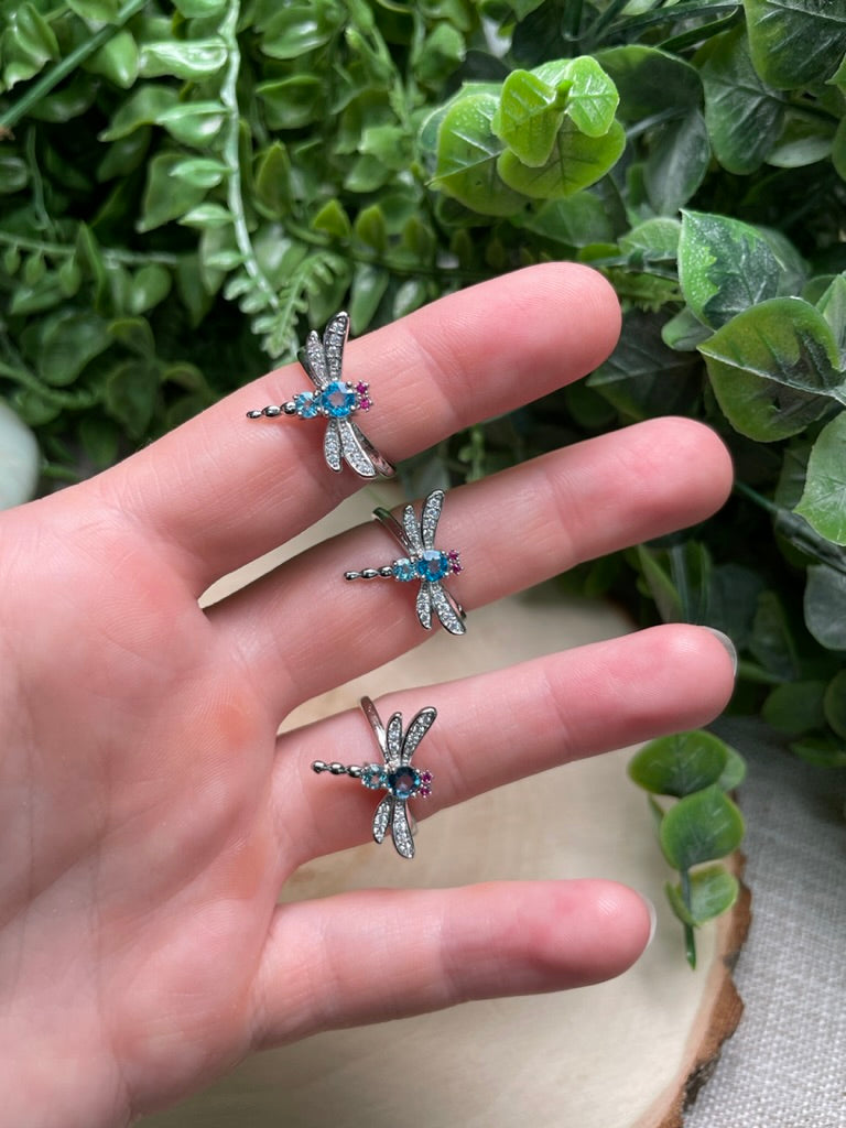 Synthetic Blue Topaz Dragonfly Adjustable Ring