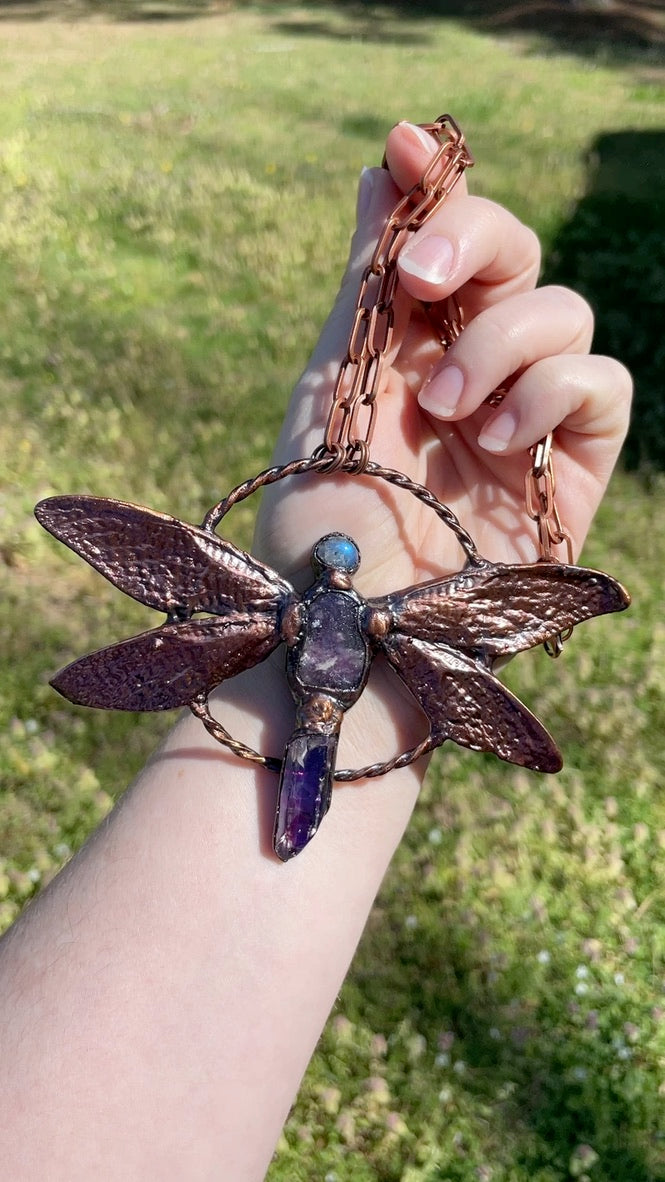 Justina- Labradorite, Lepidolite, Aura Quartz, and Real Ethically Sourced Cicada Wings Necklace