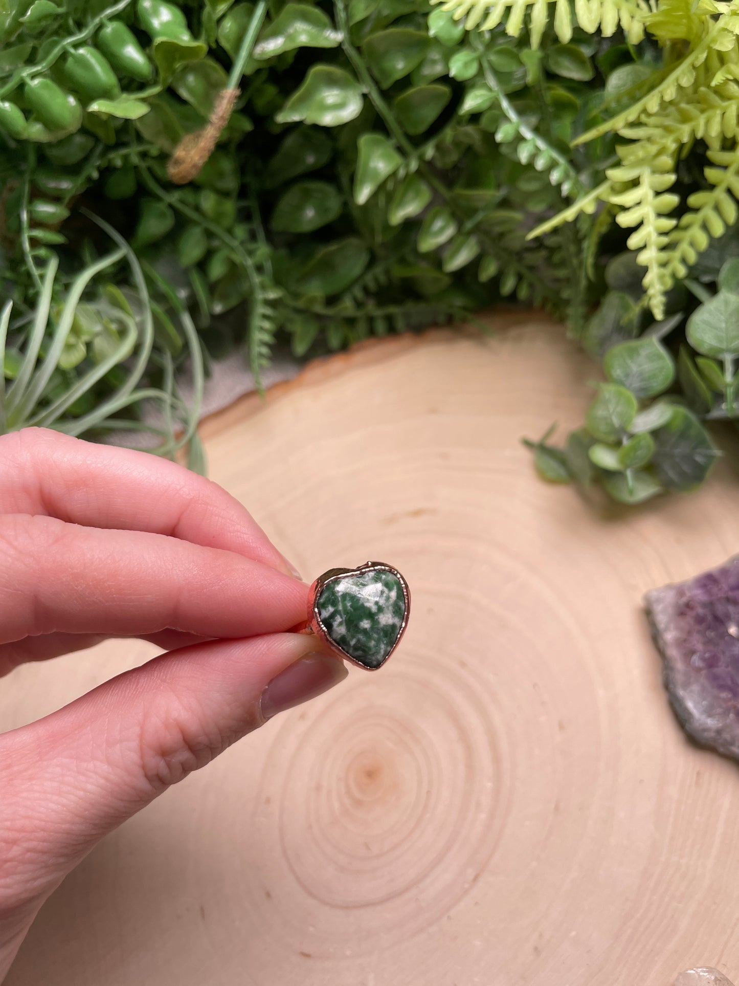 Green Speckled Jasper Heart Ring Size 6.5