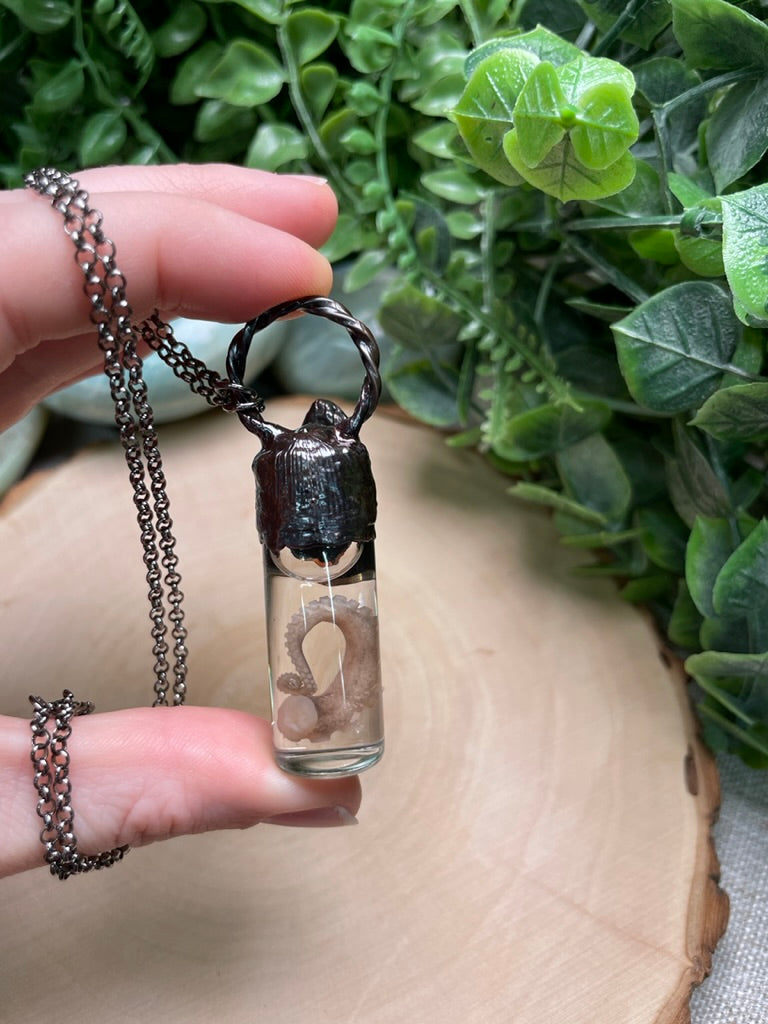 Sunstone and Wet Specimen Octopus Leg in a Glass Vial Necklace