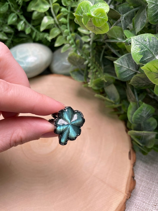 Labradorite Four Leaf Clover Ring Size 8