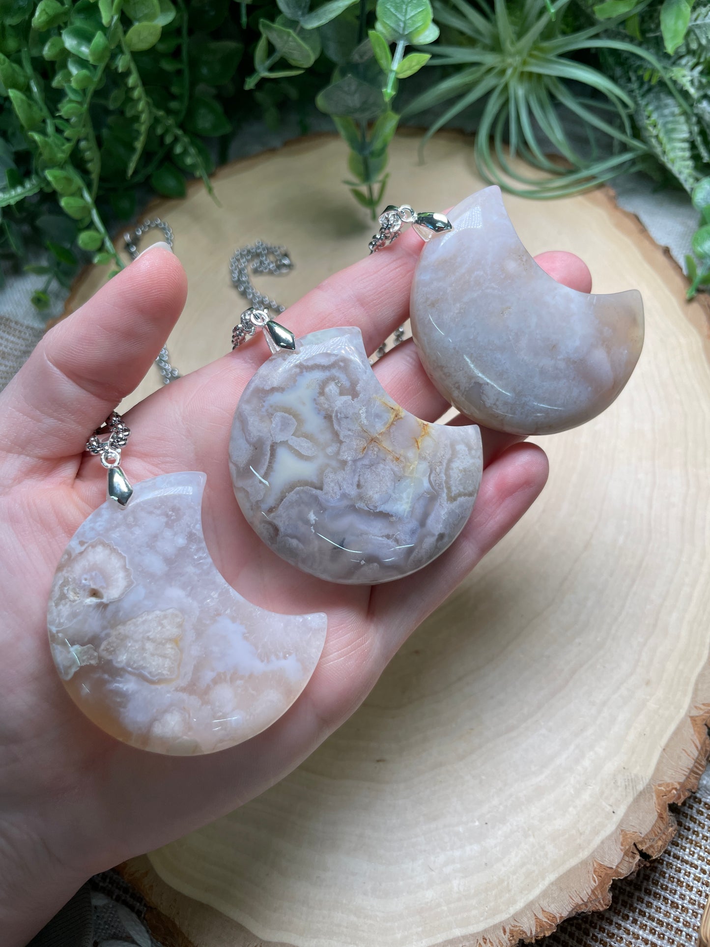 Flower Agate Chunky Moon Necklace