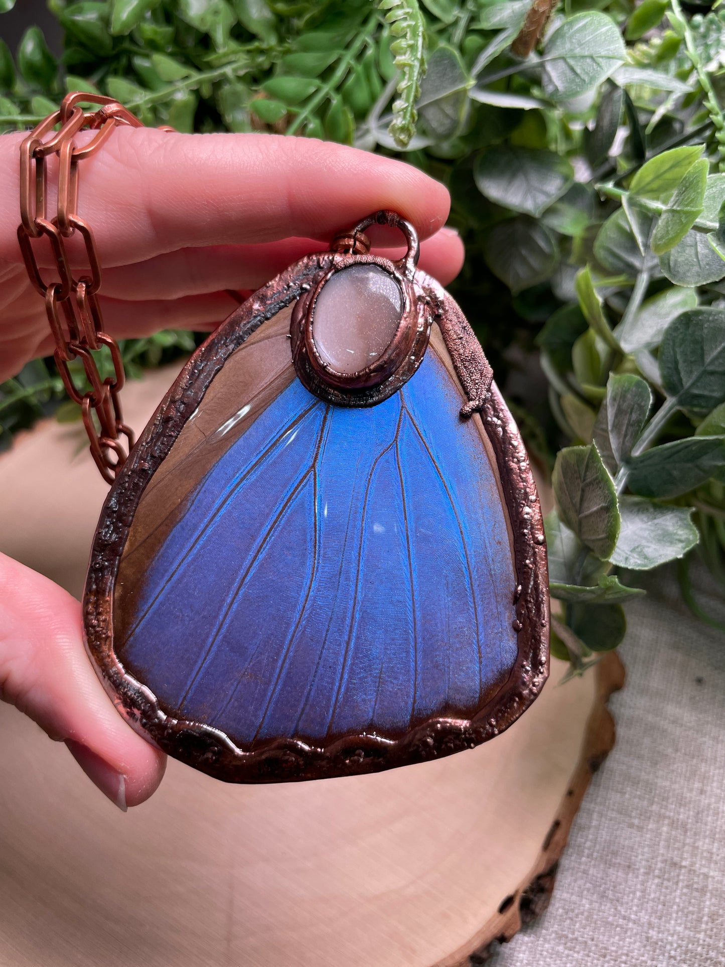 Peach Moonstone Morpho Moth Wing Necklace