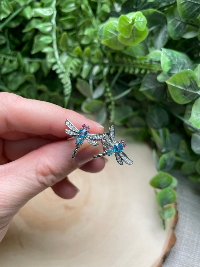 Synthetic Blue Topaz Dragonfly Adjustable Ring