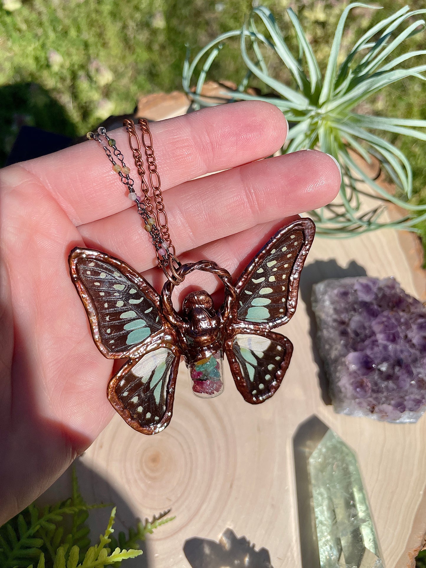 Aura- Moonstone, Watermelon Tourmaline, and Real Ethically Sourced Butterfly Wings Necklace