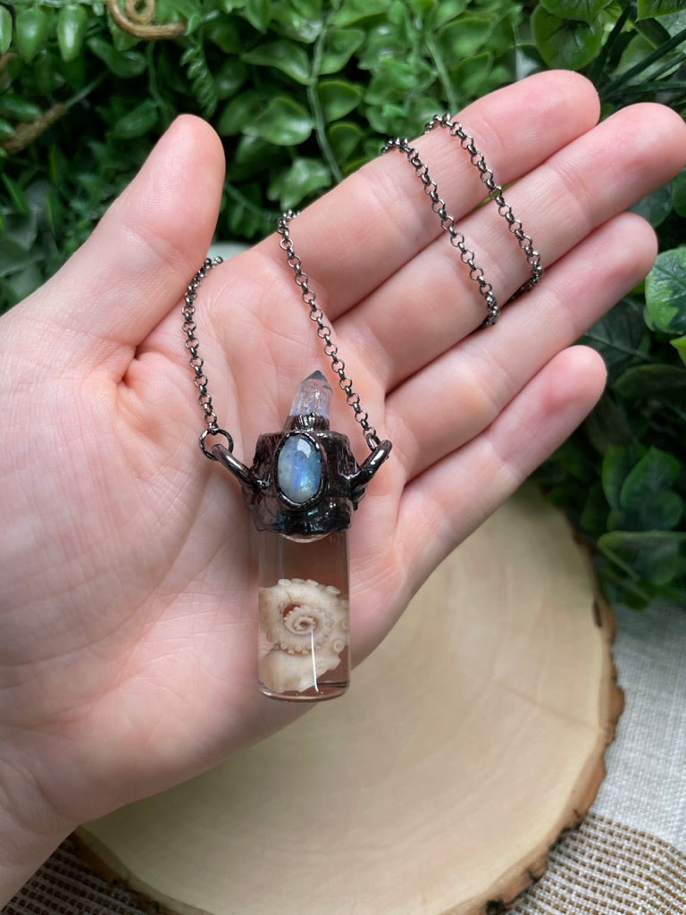 Moonstone, Blue Quartz, and Wet Specimen Octopus Leg in a Glass Vial Necklace