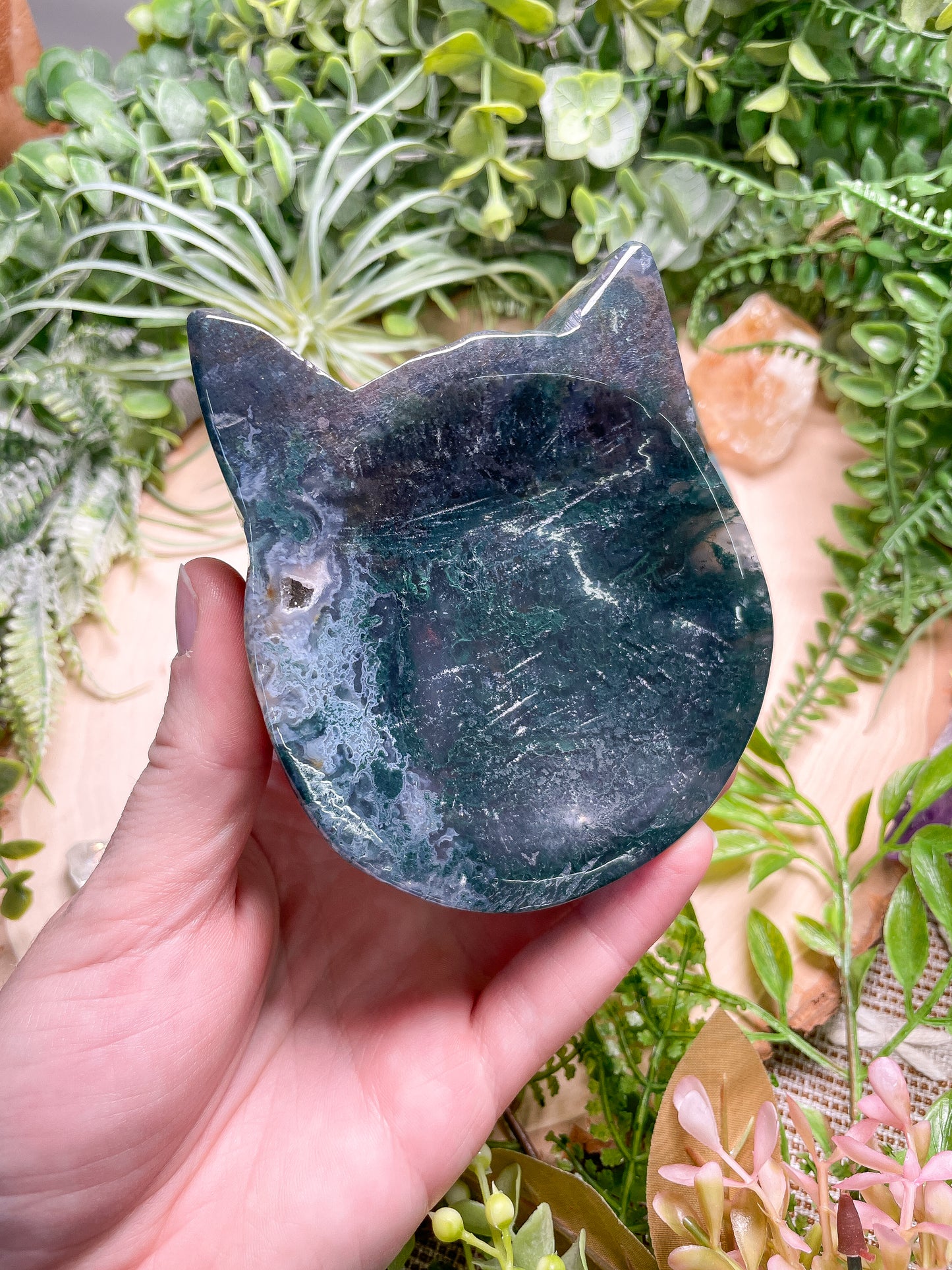 Moss Agate Cat Shaped Dish