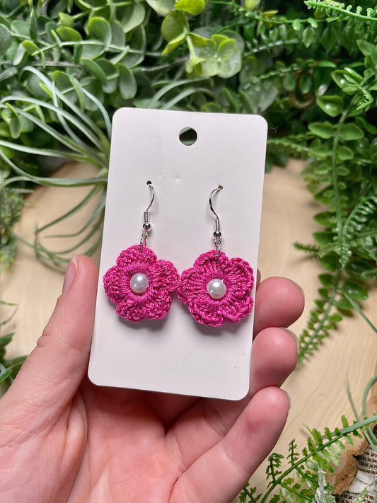 Hand Crocheted Pink Flower Earrings