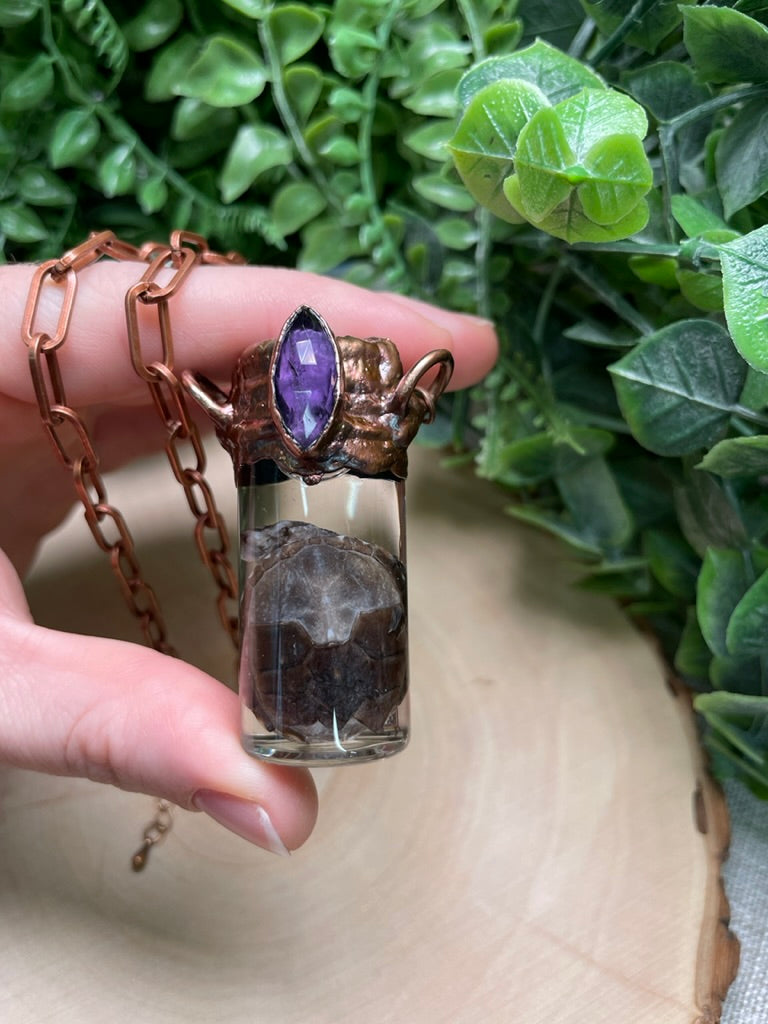 Amethyst and Wet Specimen Baby Turtle in a Glass Vial Necklace