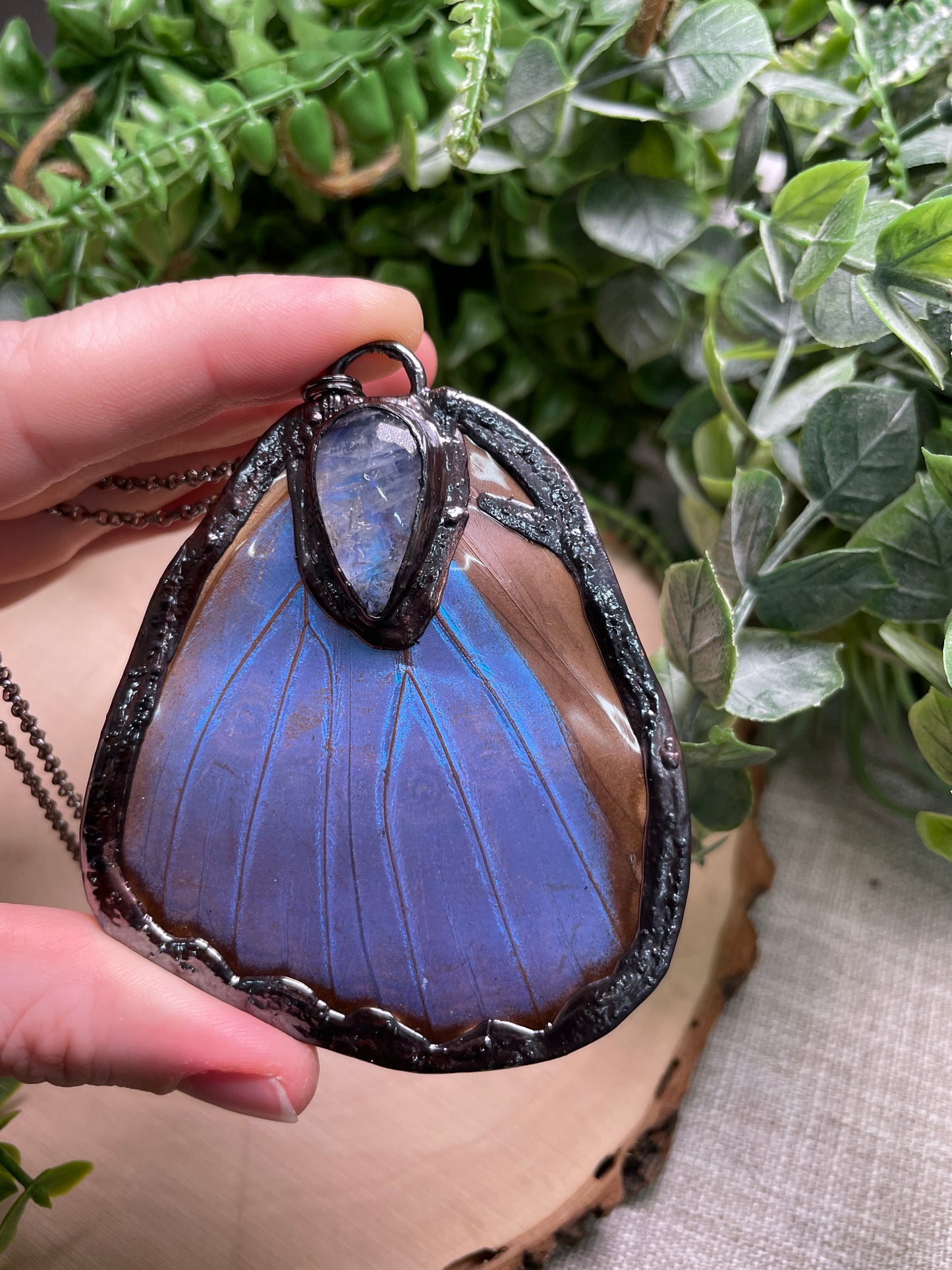 Moonstone Blue Morpho Moth Wing Necklace